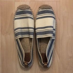 Pair of Tory Burch navy and cream espadrilles